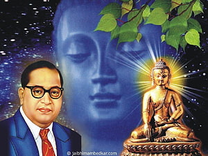 B. R. Ambedkar Portrait with Buddha Statue and Sacred Bodhi Leaves HD wallpaper