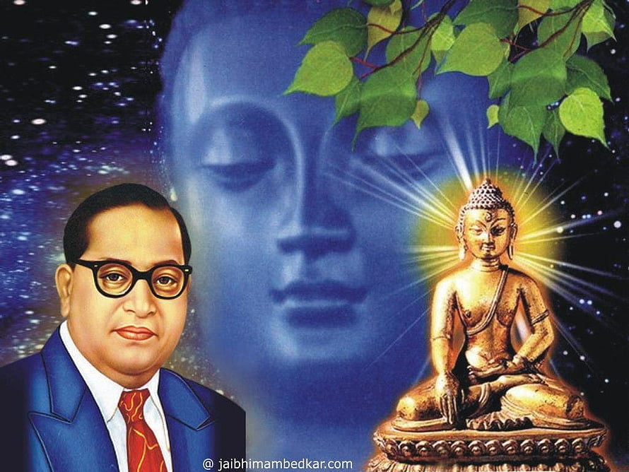 B. R. Ambedkar Portrait with Buddha Statue and Sacred Bodhi Leaves HD wallpaper