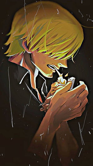 Sanji Vinsmoke anime illustration smoking a cigarette in the rain with a warm golden glow HD phone wallpaper