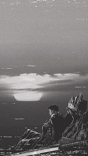 Black and White Anime Character Sitting on Cliff Edge Watching Sunset HD phone wallpaper