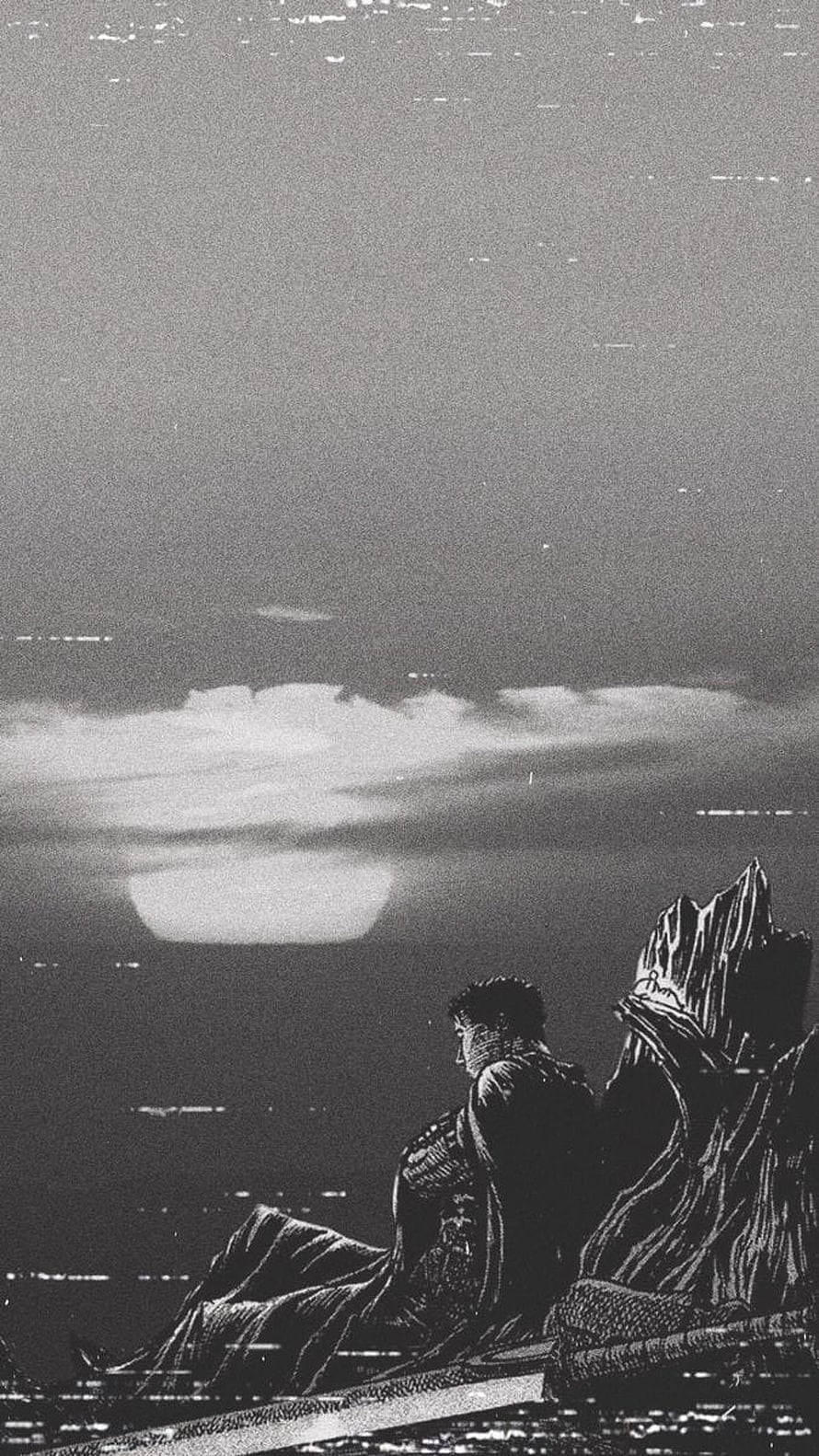 Black and White Anime Character Sitting on Cliff Edge Watching Sunset HD phone wallpaper