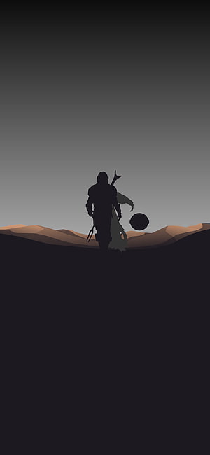 The Mandalorian Silhouette Walking in Desert Landscape with Grogu, The Mandalorian minimalist, #the mandalorian minimal HD phone wallpaper