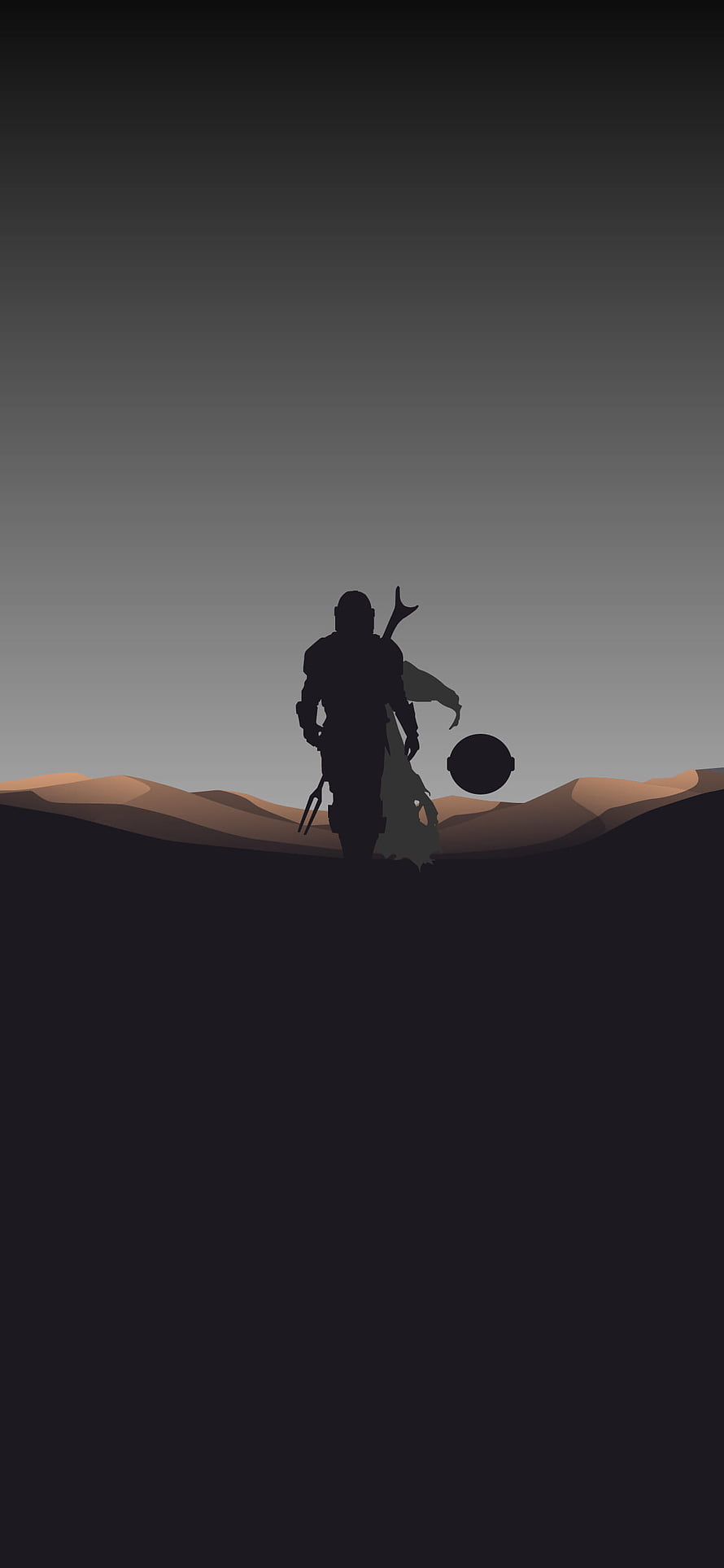 The Mandalorian Silhouette Walking in Desert Landscape with Grogu, The Mandalorian minimalist, #the mandalorian minimal HD phone wallpaper