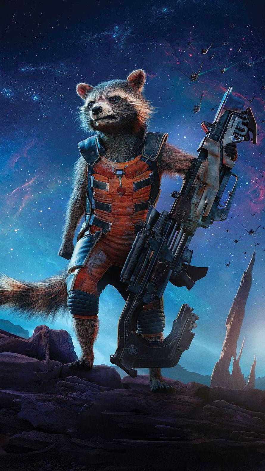 Rocket Raccoon from Guardians of the Galaxy holding a large weapon in space HD phone wallpaper