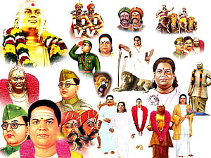 Muthuramalingam Portrait Collage with Lions and Traditional Figures HD wallpaper