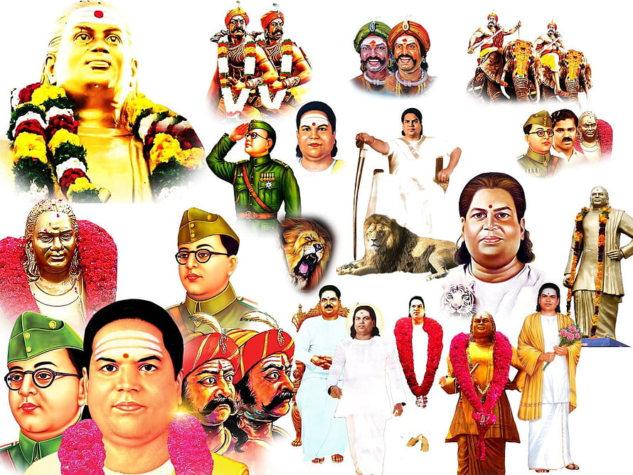 Muthuramalingam Portrait Collage with Lions and Traditional Figures HD wallpaper
