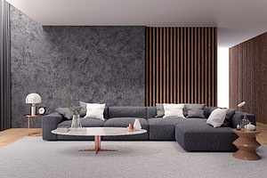 Modern Living Room With Dark Grey Sofa And Wood Slat Accent Wall HD wallpaper