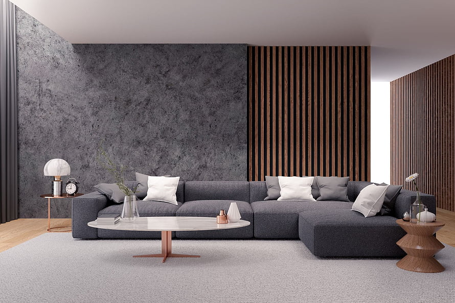 Modern Living Room With Dark Grey Sofa And Wood Slat Accent Wall HD wallpaper