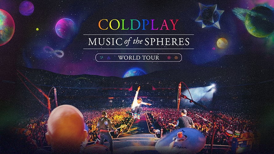 Coldplay Music of the Spheres World Tour Concert Stage with Cosmic Planets and Live Audience HD wallpaper
