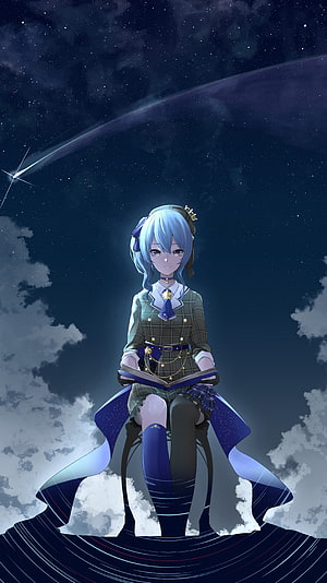 Hoshimachi Suisei from Hololive reading a book under a starry night sky HD phone wallpaper