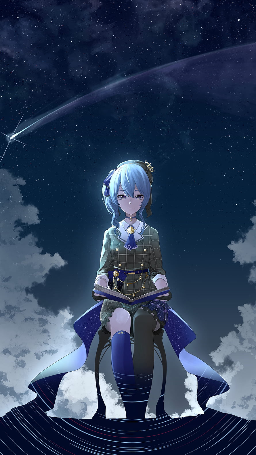 Hoshimachi Suisei from Hololive reading a book under a starry night sky HD phone wallpaper