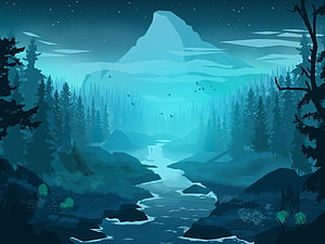 Minimalist Blue Forest Landscape with River and Mountain at Night HD wallpaper