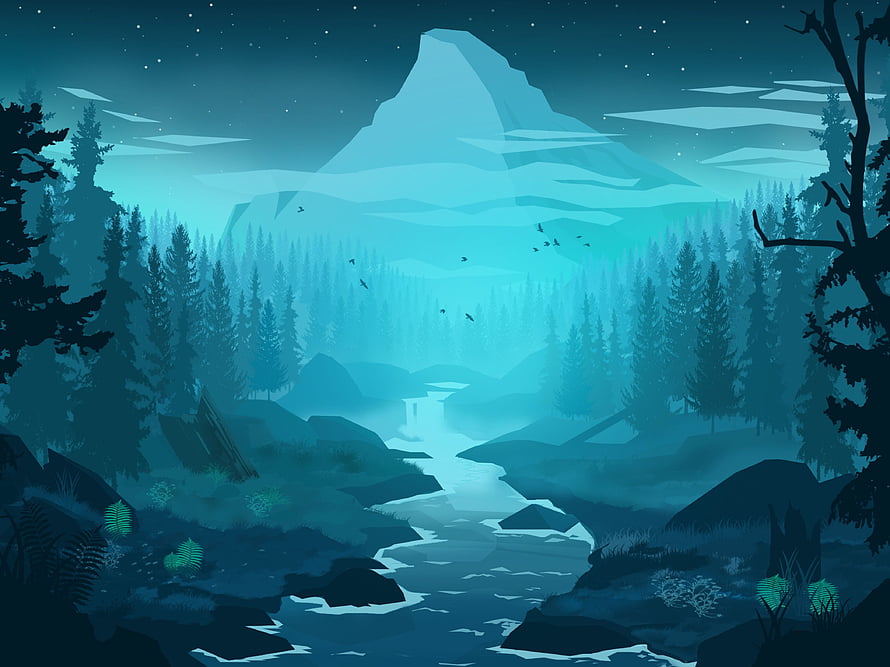 Minimalist Blue Forest Landscape with River and Mountain at Night HD wallpaper