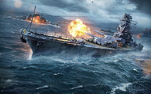 Yamato Battleship Firing Main Guns During Naval Battle in Rough Seas HD wallpaper