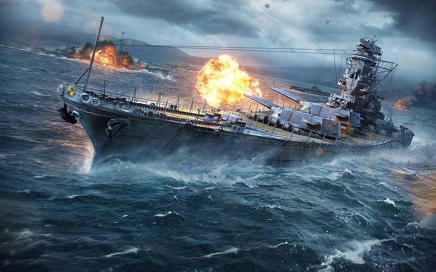 Yamato Battleship Firing Main Guns During Naval Battle in Rough Seas HD wallpaper