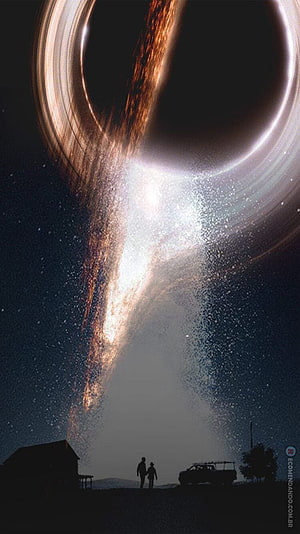 Interstellar Movie Poster Featuring Gargantua Black Hole and Silhouetted Figures HD phone wallpaper