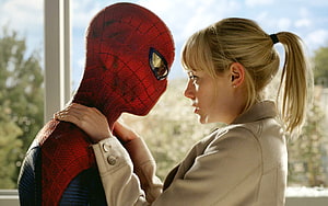 Spider-Man and Gwen Stacy in an intimate moment by a sunlit window, Spider Man and Gwen Stacy, peter parker and gwen stacy HD wallpaper