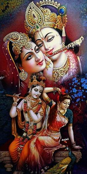 Radha Krishna Divine Love Painting with Peacock and Floral Background HD phone wallpaper