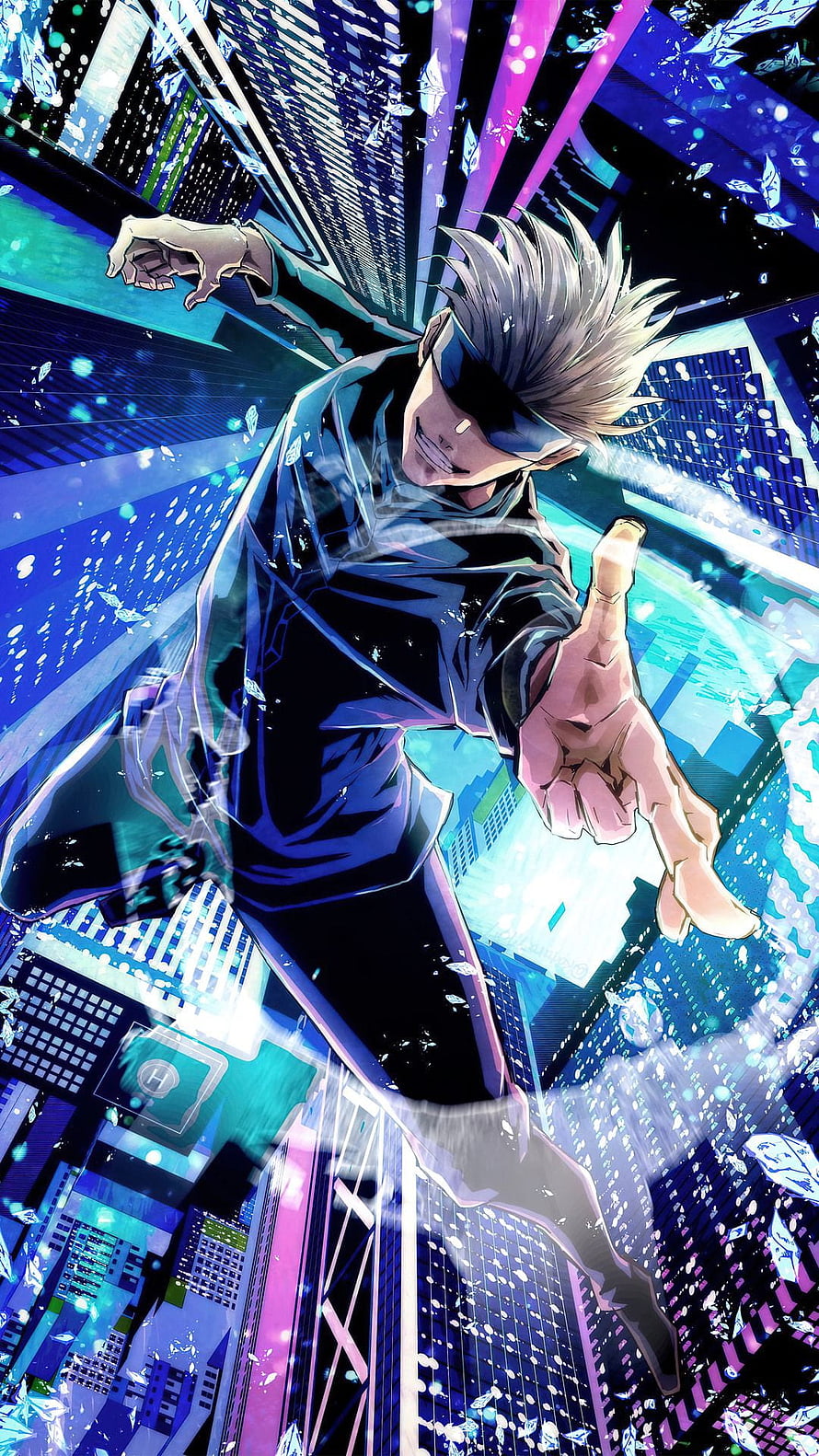 Satoru Gojo from Jujutsu Kaisen performing an infinity technique in a neon blue cityscape HD phone wallpaper