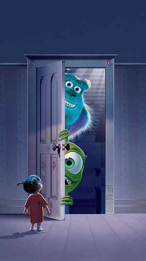 Monsters Inc Mike Wazowski and Sulley Peeking at Boo in a Cozy Bedroom Scene HD phone wallpaper