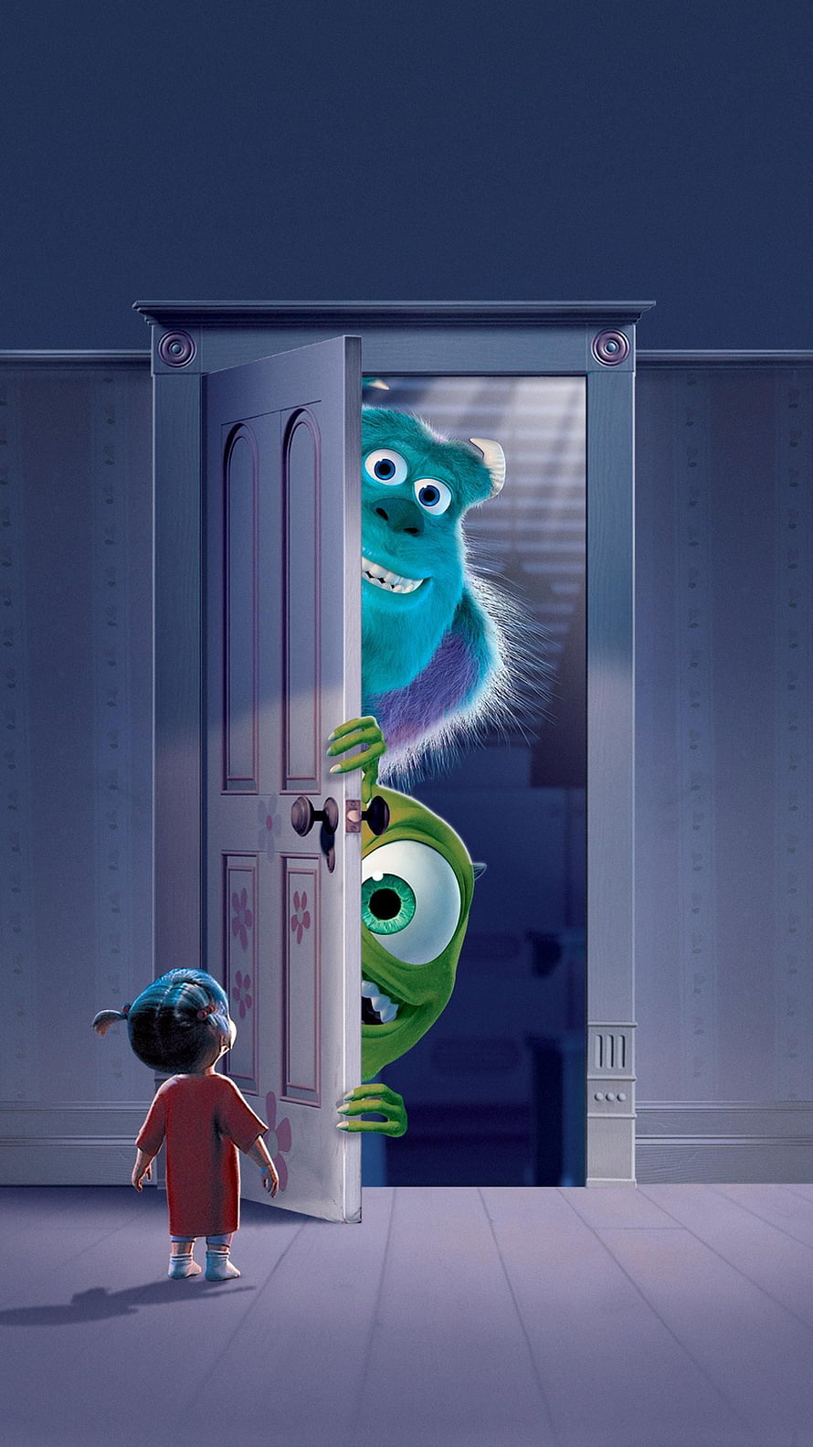 Monsters Inc Mike Wazowski and Sulley Peeking at Boo in a Cozy Bedroom Scene HD phone wallpaper