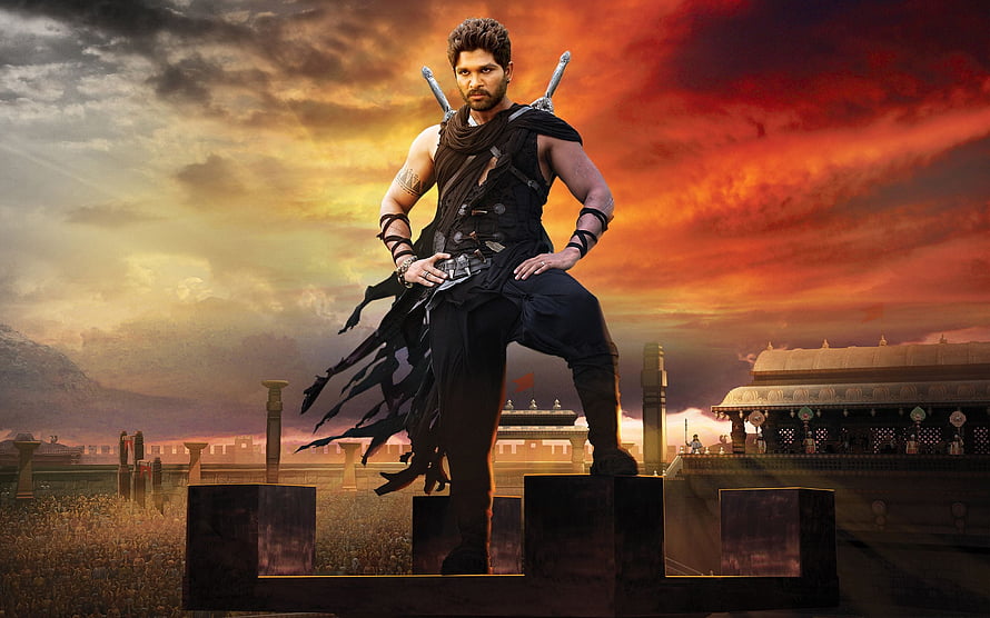 Baahubali Warrior Standing on Stone Platform with Swords Against Dramatic Sunset Sky HD wallpaper