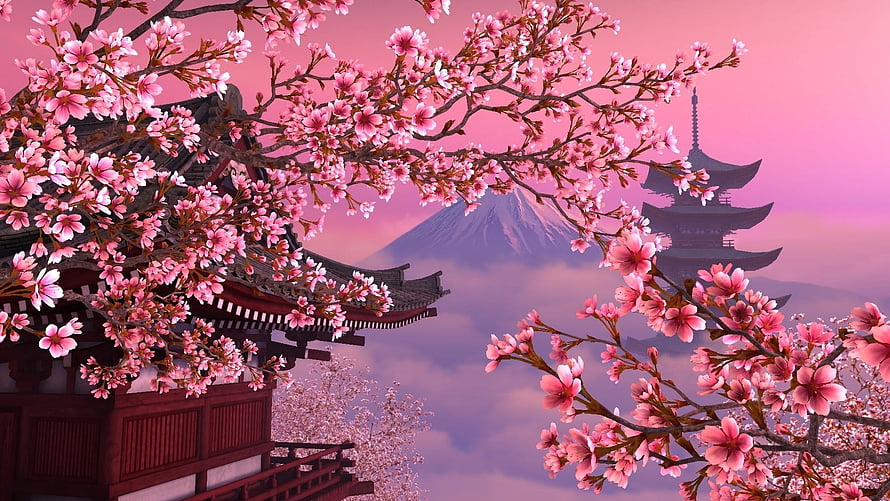 Cherry Blossoms Framing Mount Fuji and Traditional Japanese Pagoda at Sunset HD wallpaper