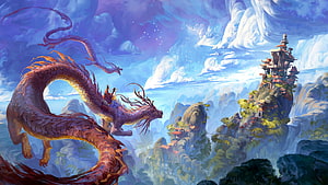 Majestic Chinese Dragon Soaring Over Misty Mountain Temples in Fantasy Landscape HD wallpaper