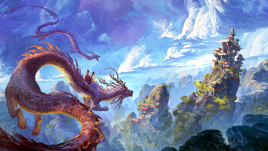 Majestic Chinese Dragon Soaring Over Misty Mountain Temples in Fantasy Landscape HD wallpaper