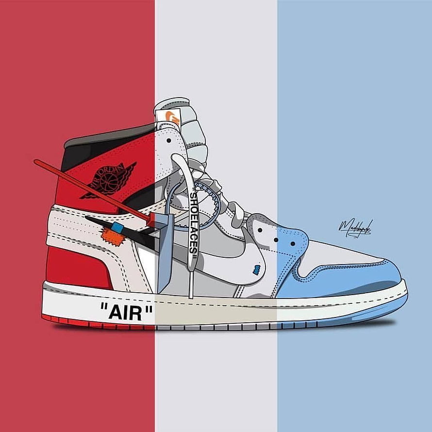 Air Jordan 1 High sneaker illustration with red white and blue color blocking on a striped background HD phone wallpaper