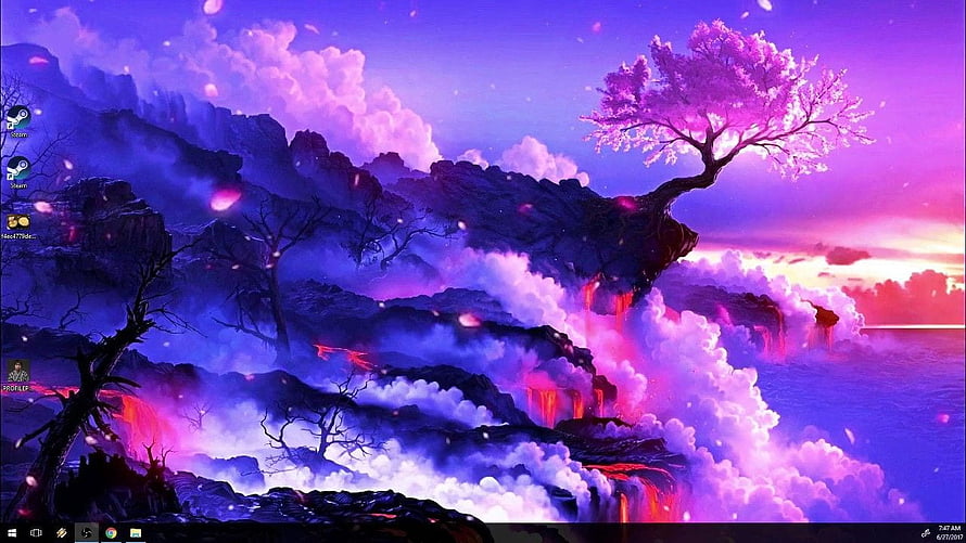 Vibrant Cherry Blossom Tree on Misty Cliffs with Purple and Pink Sky HD wallpaper