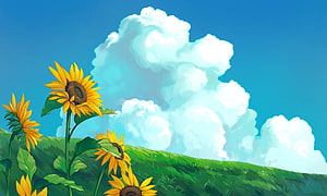 Anime Style Sunflowers on a Green Hill Under a Blue Sky with Fluffy Clouds HD wallpaper