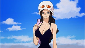 Nico Robin in Black Swimsuit and White Bucket Hat Under Blue Sky HD wallpaper