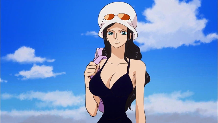 Nico Robin in Black Swimsuit and White Bucket Hat Under Blue Sky HD wallpaper