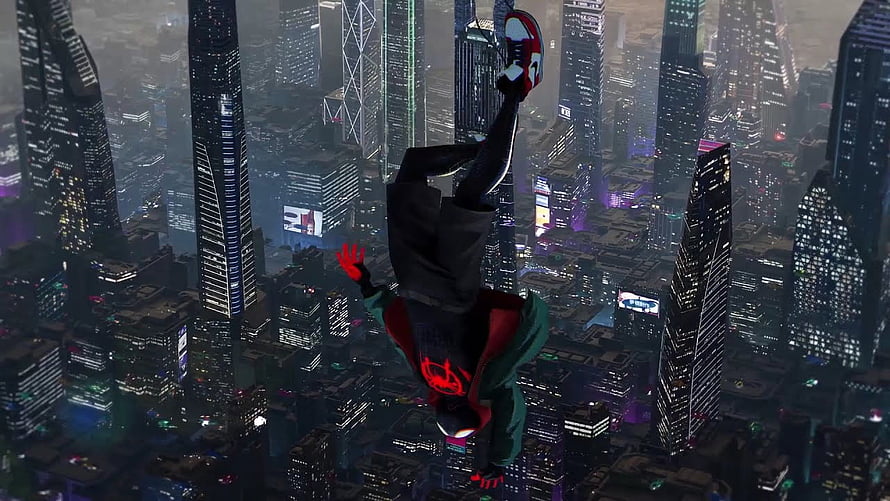 Miles Morales Spider-Man diving upside down through a futuristic neon city skyline at night, Spider Man Miles Morales Live HD wallpaper