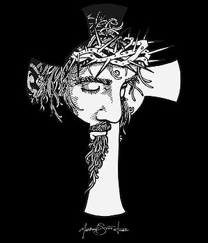 Black and White Illustration of Jesus on the Cross Wearing a Crown of Thorns HD phone wallpaper