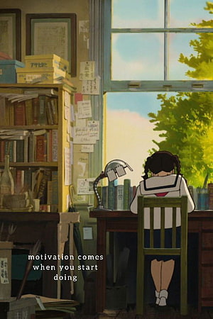 Anime Girl Studying at Desk in Cozy Room with Bookshelves and Window View HD phone wallpaper