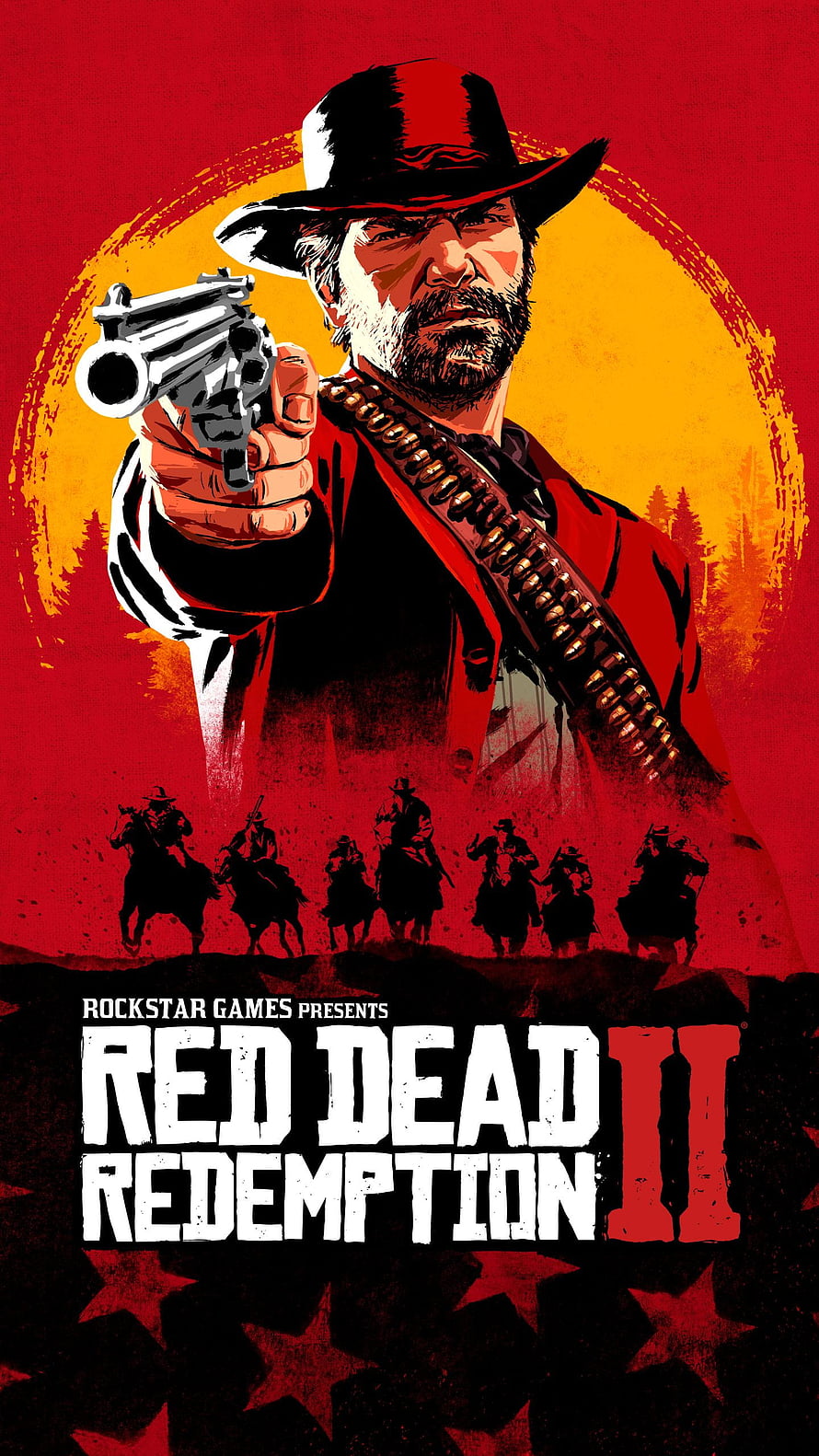 Red Dead Redemption 2 Cowboy Poster Art with Revolver and Outlaw Silhouettes HD phone wallpaper