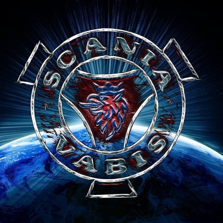 Scania V8 Engine Emblem With Lion Crest Against Earth Horizon HD phone wallpaper
