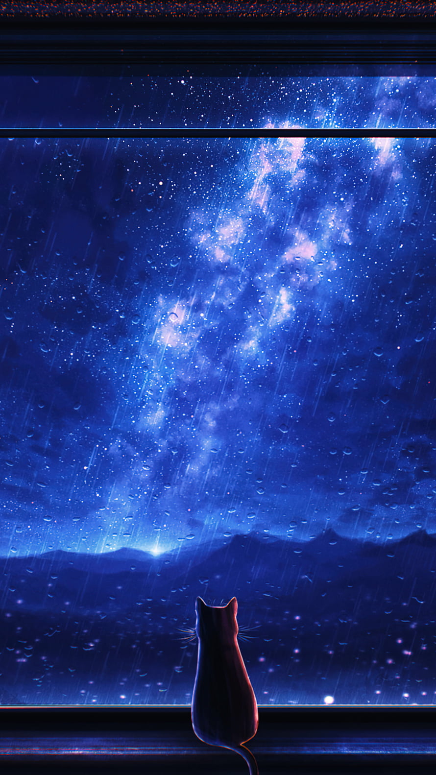 Silhouette of a Cat Gazing at a Starry Night Sky Through a Rainy Window HD phone wallpaper