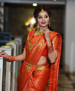 Woman in Traditional Orange Silk Saree with Heavy Gold Jewelry, stock of beautiful girl, desi girl, desi girls, beautiful desi girl HD phone wallpaper