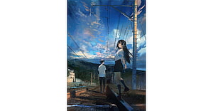 Anime Couple Walking Along Train Tracks Under Blue Sky HD wallpaper