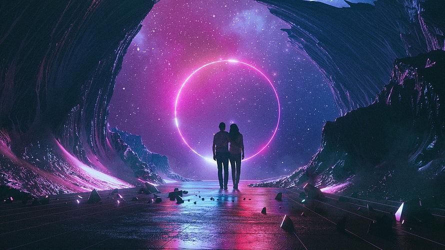 Couple Silhouetted Before Glowing Ring in Neon Sci-Fi Canyon HD wallpaper