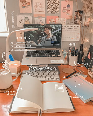 Cozy Aesthetic Study Desk Setup with Anime Wallpaper and Stationery HD phone wallpaper