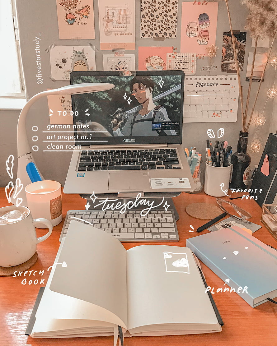 Cozy Aesthetic Study Desk Setup with Anime Wallpaper and Stationery HD phone wallpaper