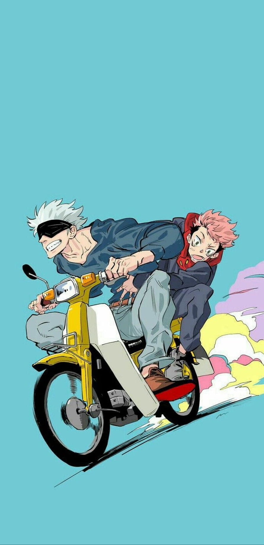 Satoru Gojo and Yuji Itadori Riding a Yellow Scooter Anime Wallpaper HD phone wallpaper