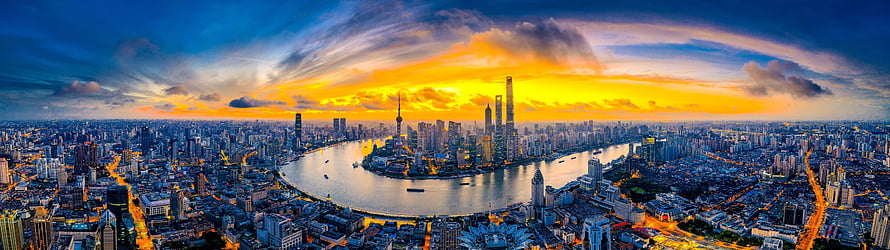 Shanghai Skyline at Sunset with Huangpu River and Oriental Pearl Tower HD wallpaper