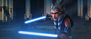 Ahsoka Tano Wielding Dual Blue Lightsabers in Cinematic Star Wars Animation HD wallpaper