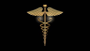 Golden Caduceus Medical Symbol with Wings and Serpents on Black Background HD wallpaper