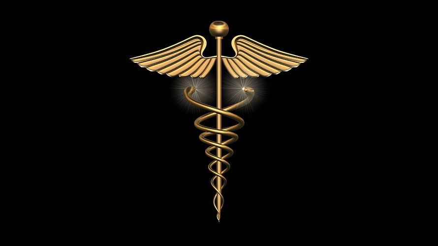 Golden Caduceus Medical Symbol with Wings and Serpents on Black Background HD wallpaper